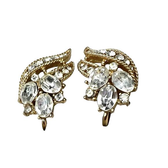 Crown Trifari Clip Earrings Clear Rhinestones Bright Sparkle Swirl Leaf Goldtone - Picture 6 of 11